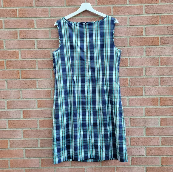 Talbots Sheath Dress Blue Green Plaid Sleeveless Ruffle Stretch Cotton 14P 12 - Picture 3 of 6